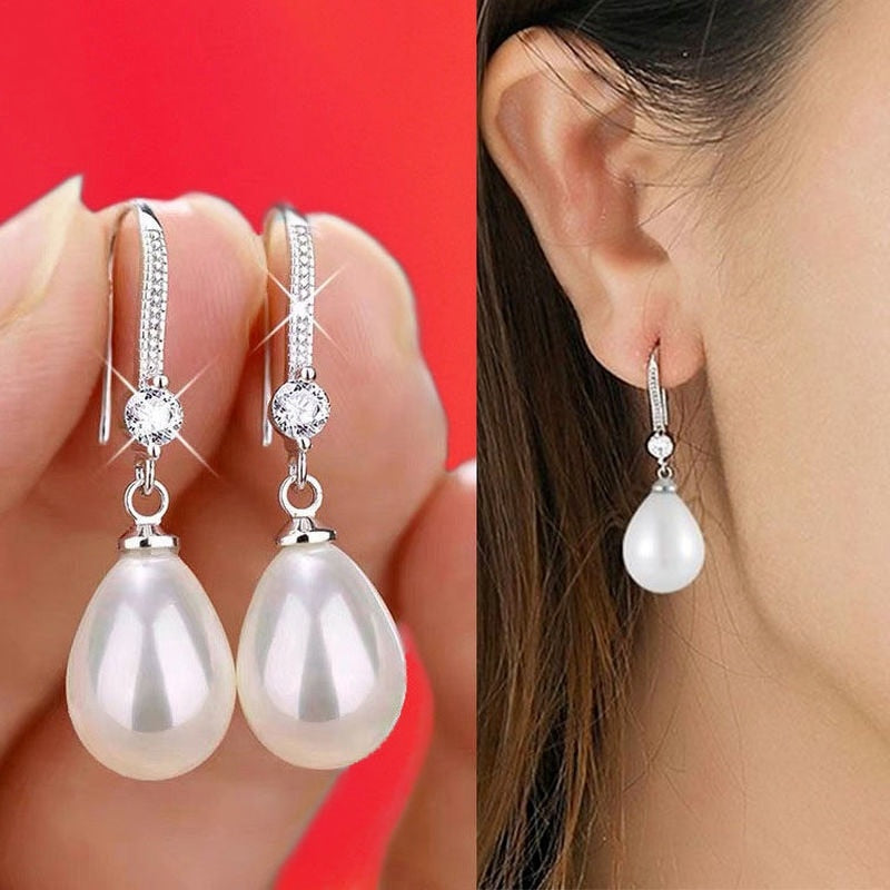 Exquisite Fashion Silver Color Water Imitation Pearls Drop Earrings for Women Shiny Red Green Round Imitation Pearls Earrings