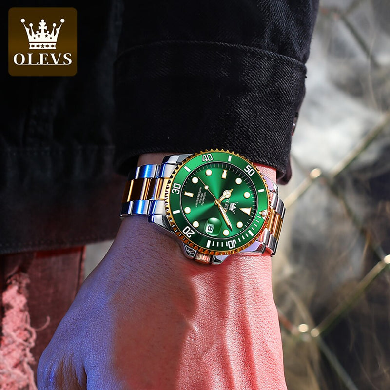 OLEVS Automatic Mechanical Wristwatch Military Sport Date Stainless Steel Male Clock Top Brand Luxury Gold Green Men Watch 6650