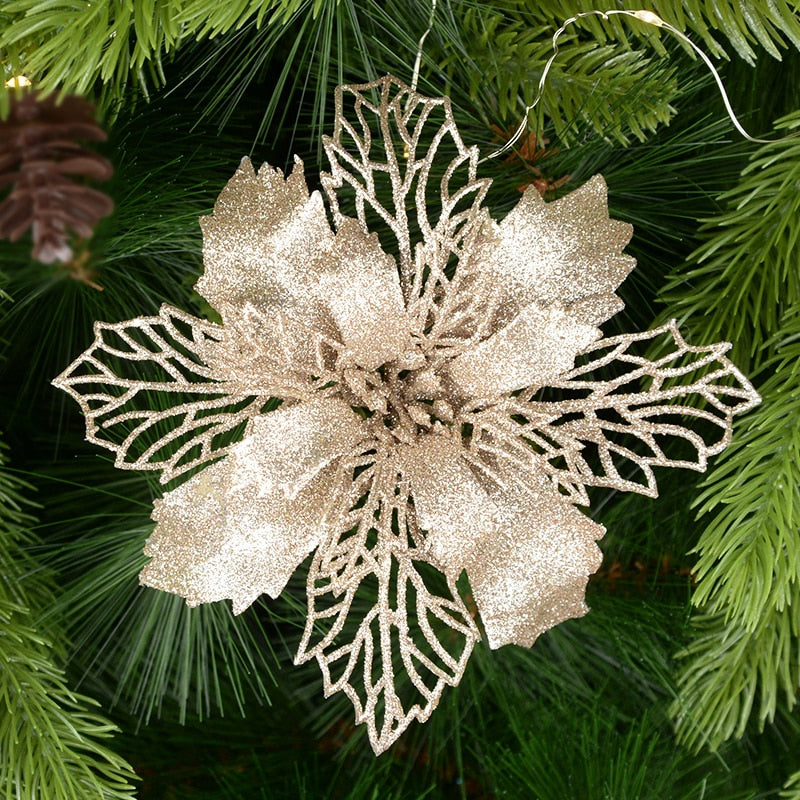 5pcs 9-16cm Glitter Artifical Christmas Flowers Christmas Tree Decorations for Home Fake Flowers Xmas Ornaments New Year Decor