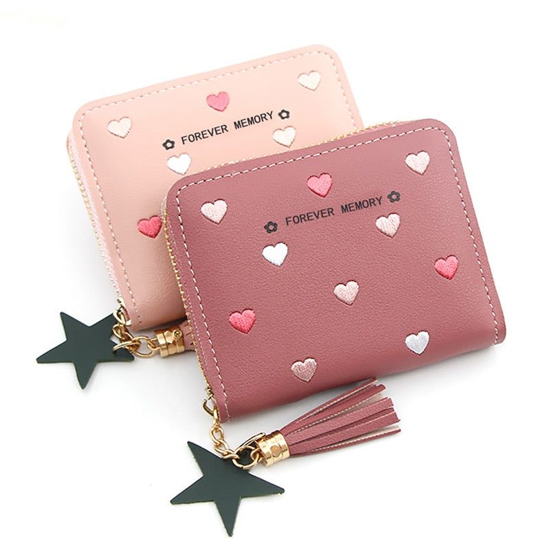 Heart-shaped Spots Women Mini Tassel Wallet Ladies Cute Girl Short Zipper Lovely PU Leather Coin Purse Female Money Bag