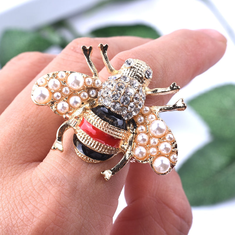 New Fashion Women Animal Bee Rings Pearl Party Wedding Female Jewelry Gold Colour  Adjustable  Trend Rings  Unique Like Gift