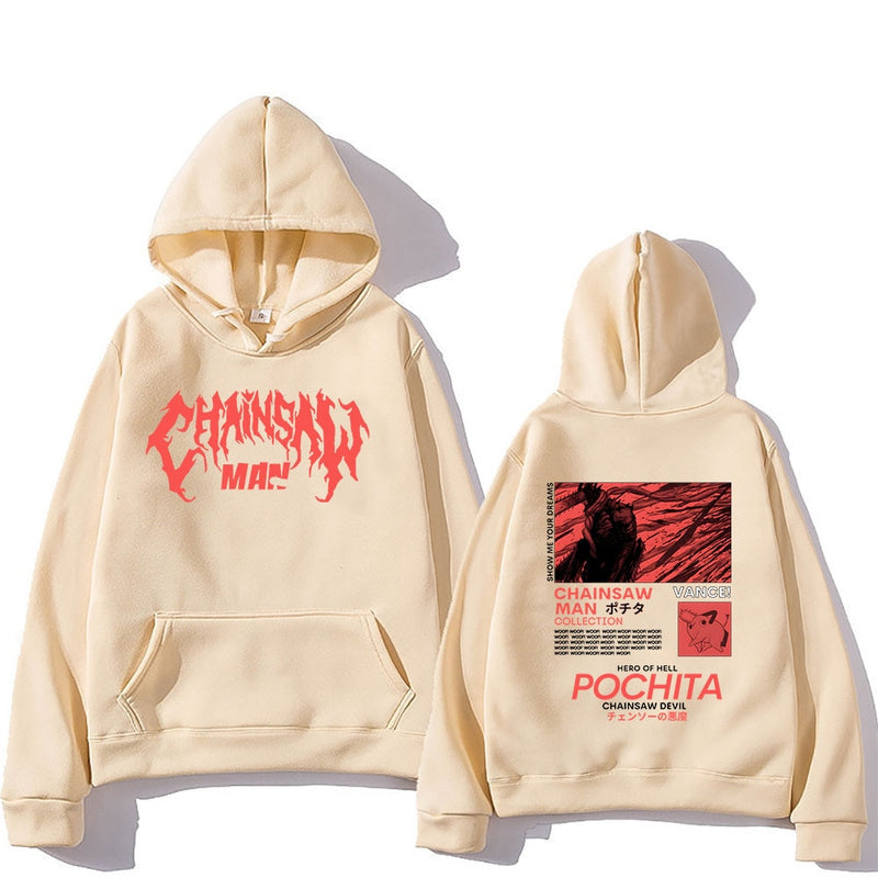 Chainsaw Man Pochita Hoodies Logo Letter Print Sweatshirts Manga Cartoon Graphic Streetwear Long Sleeve Gothic Mens Pullovers