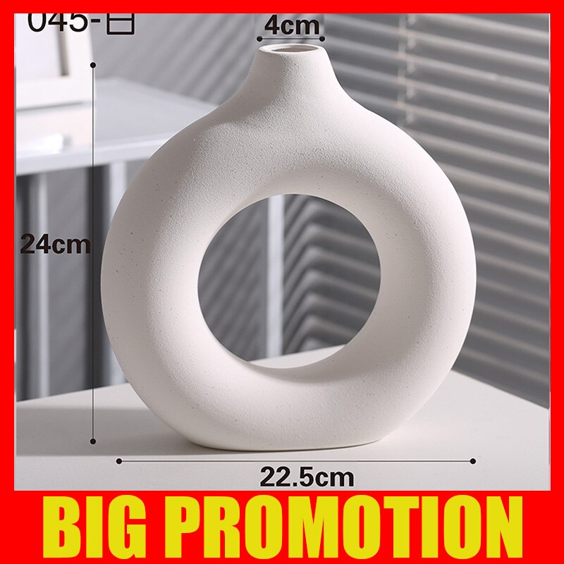 Nordic Ceramic Vase Circular Hollow Donuts Flower Pot Home Living Room Decoration Accessories Interior Office Desktop Decor Gift