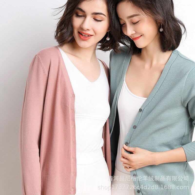 Cardigans Women 2022 Autumn Single Breasted V-neck Knitted Sweater Fashion Short Knitwear Solid Blue Green Pink Women&