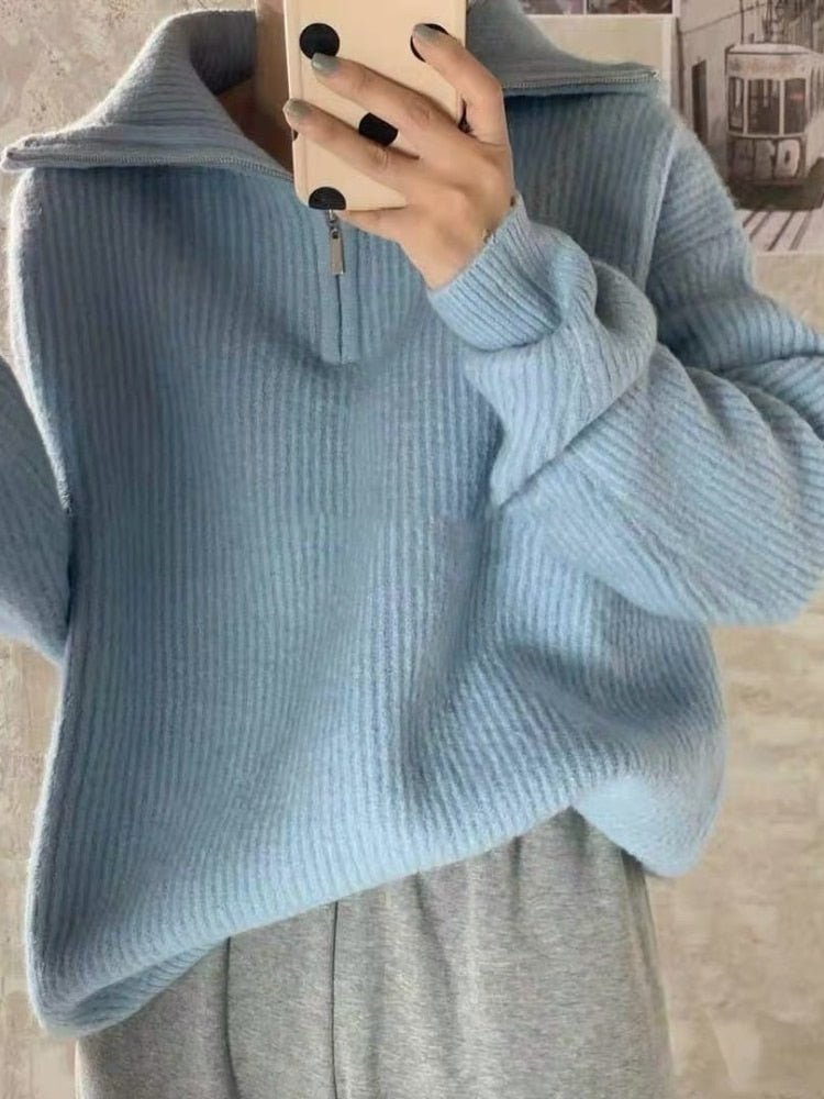 Women Sweater Oversize Zipper Knitted Pullover Long Sleeve Solid Color Loose Ladies Sweaters Autumn Winter Women&