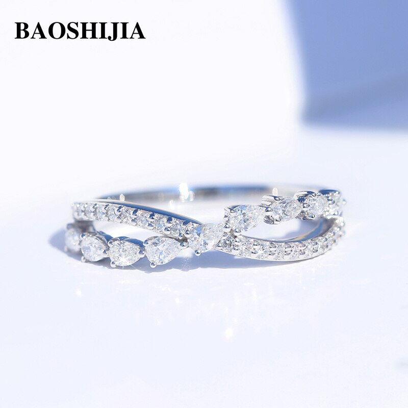 BAOSHIJIA Solid 18K White Gold X-Shaped Waterdrop SI Diamond Ring Engagement Cross Women&