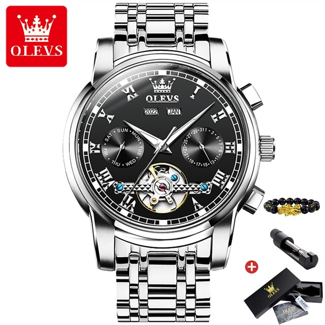 OLEVS Automatic Mechanical Watch for Men Date Calendar Skeleton Wristwatch Stainless Steel Classic Business Men&