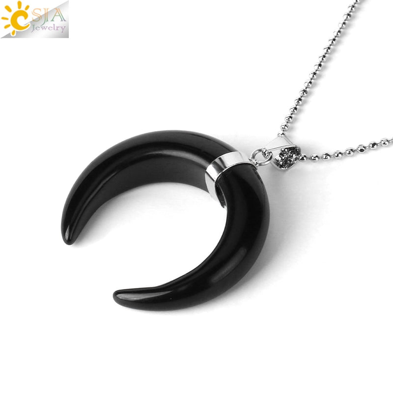 CSJA Natural Stones Crescent Moon Necklaces Pendants Purple Crystal Pink Quartz White Stone Gold Color Reiki Women F306