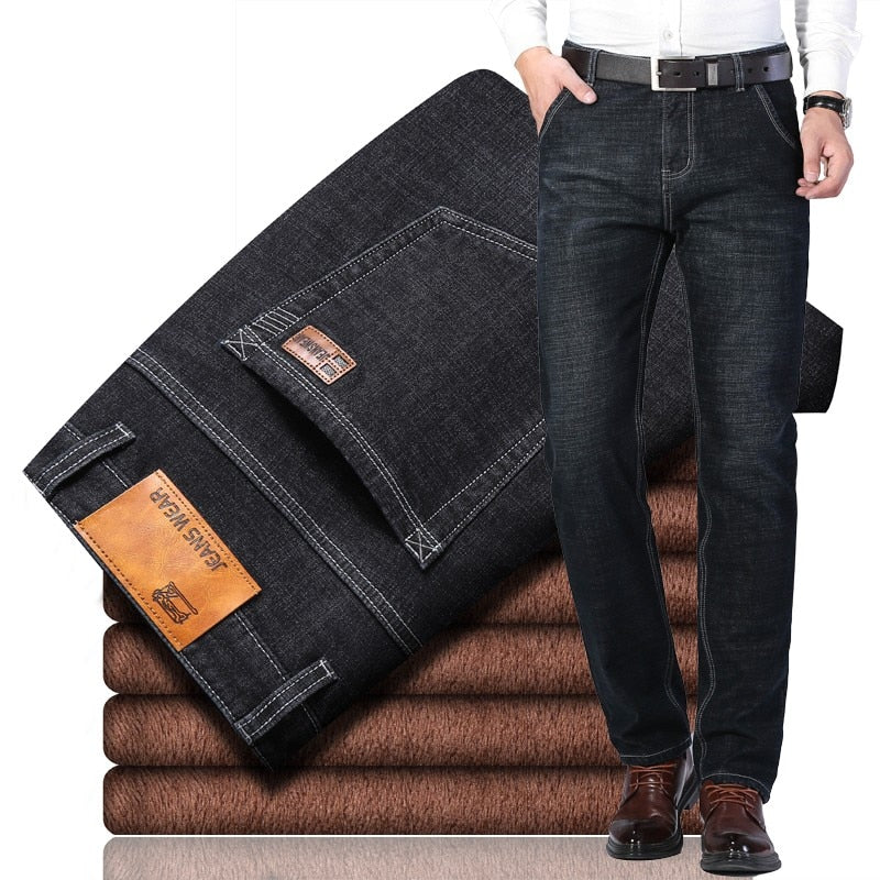 2022 Winter  Men Black Slim Fit Stretch Thick Velvet Pants Warm Jeans Casual Fleece Line Trousers Male Plus Size