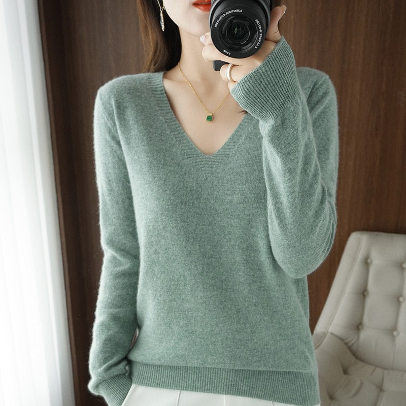 YSZWDBLX Sweaters Women Casual V-neck Solid Jumpers Pullovers Spring Autumn Womens Sweater Cashmere Knitwear Bottoming Shirt