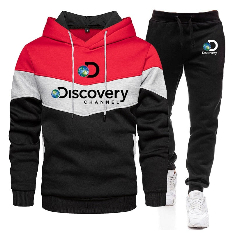 New Autumn/Winter Discovery Channel Patchwork Warm Sportswear Set Men's Hoodie + Sports Pants Set White Black Red Yellow
