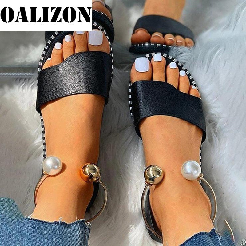 2022 New Summer Women Beaded Pearly Sandals Slippers Shoes Ladies Flats Sandals Flip Flop Casual Flat Slingback Sandals Shoes