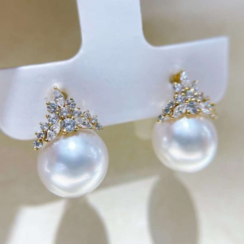 18k Gold Ice Crown Pearl Earrings Women&