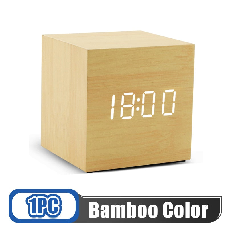 Alarm Clock LED Wooden Digital Table Clock Voice Control Wood Despertador USB/AAA Powered Electronic Desktop Clocks