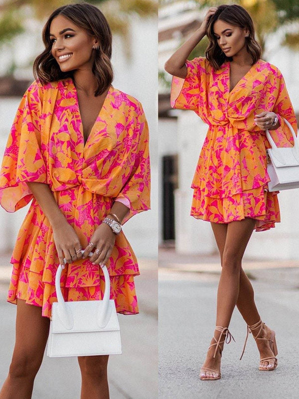 Women&#39;s Sexy V Neck Bat Sleeve Mini Dress Boho Floral Print High Waist Elegant Women Ruffle Office Party Dresses Robe