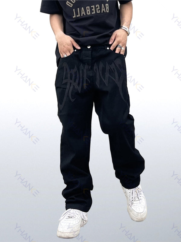 Four Seasons Y2K Emo Men Fashion Black Street Embroidery Low Cut Loose Jeans Straight Pants Hip Hop Jeans Men Pants Clothes Men