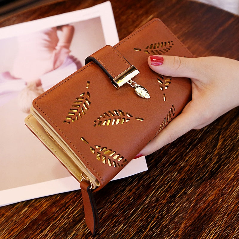 EXBX Women Wallet Hollow Golden Leaf Buckle Wallet PU Leather Purse Female Long Wallet for Women Coin Purse Card Holders Clutch