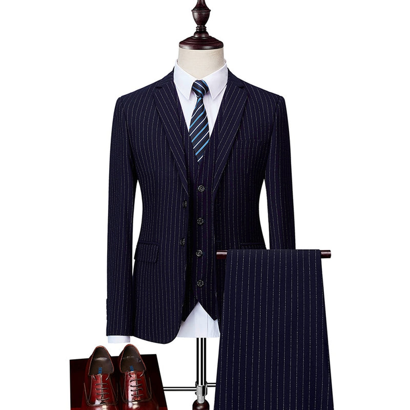 2022 Men Business Stripe Slim Fit Wedding Groom Tuxedos Suits Blazer 2 3 Pcs Set Prom Suit Jacket Pants Vest M-6XL Coat Trousers