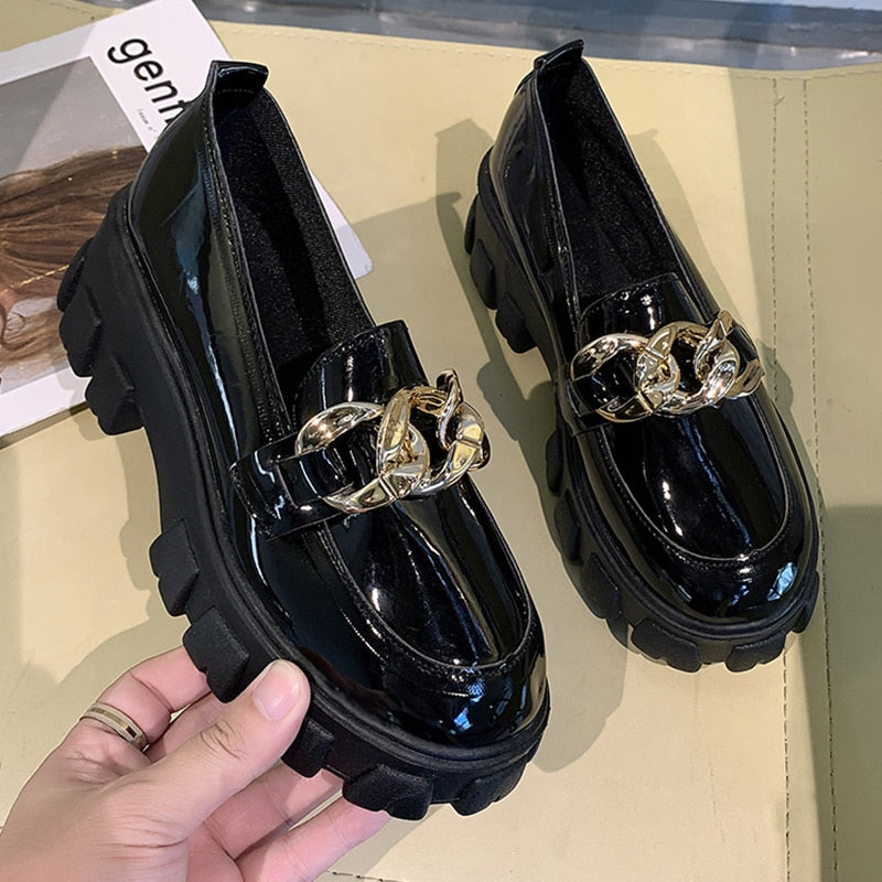 2022 Female Shoes Women Fashion Mary Janes Round Toe Flats Loafers Oxfords Platform Casual Metal Chain Buckle Ladies Heels Black