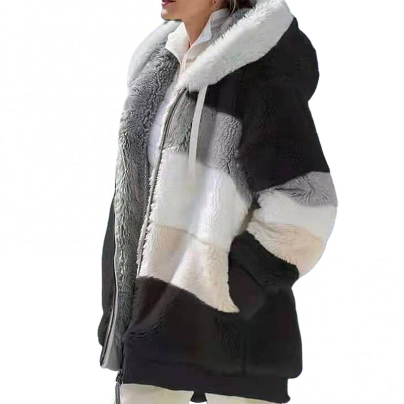 Jacket Autumn Winter Long Sleeve Warm Women Color Block Zipper Fluff Hooded Coat Jacket