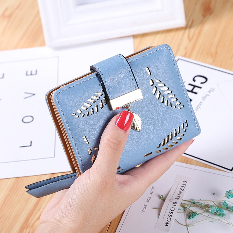 EXBX Women Wallet Hollow Golden Leaf Buckle Wallet PU Leather Purse Female Long Wallet for Women Coin Purse Card Holders Clutch