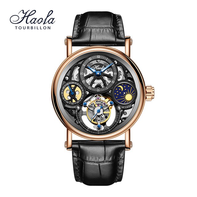 Haofa Skeleton GMT Tourbillon Movement Mens Watch Sapphire Mechancial Tourbillon Wristwatches Day And Night Moonphase Watch 1601