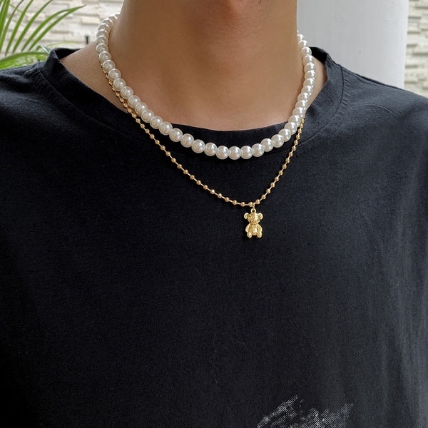 Creative Double Layer Pearl Bear Necklace Man Hip-Hop Simple Choker Chain Stitching Exquisite Male Necklace Collar Gift