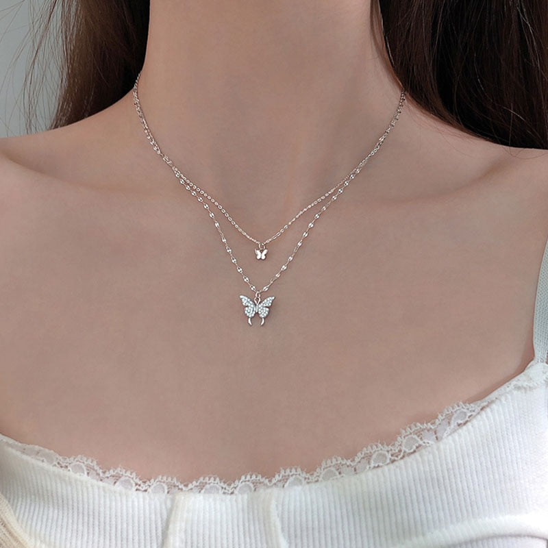 Fashion Cherry Blossoms Flower Necklace For Women Romantic Crystal Zircon Butterfly Flowers Pearl Shell Necklace Wedding Jewelry