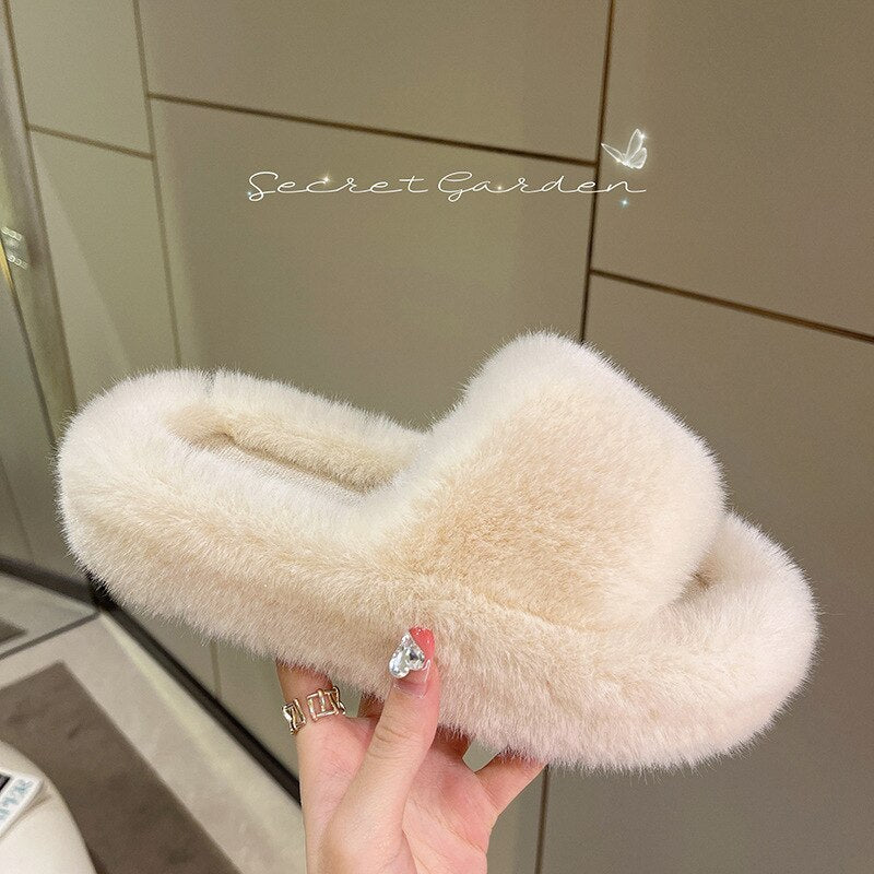 Shoes for Women 2022 New Fluffy Fur Slippers Women Winter Warm Solid Color Versatile Lovely Casual Footwear Soft Chinelos Planos