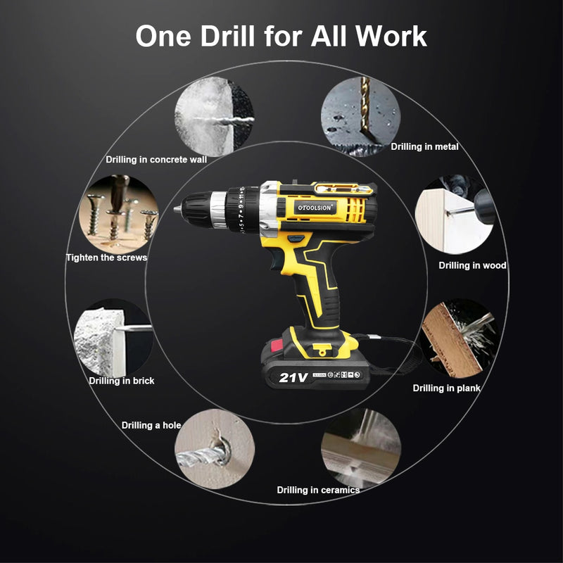 OTOOLSION New 21v Impact Electric Drill Variable Speed Impact Electric Screwdrivers 1500MAh Cordless Drill Lithium Battery