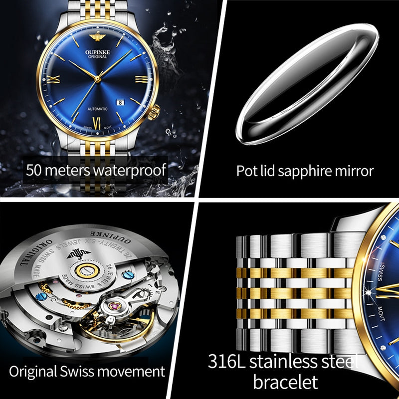 OUPINKE Ultra Thin Mechanical Watches for Men Original Swiss Movement Luxury Sapphire Crystal Mirror Man Waterproof Wristwatch