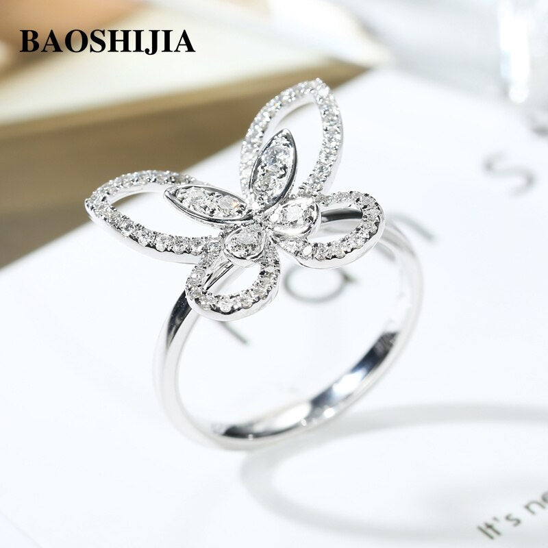 BAOSHIJIA Butterfly Eternity Diamond Ring Unique Solid 18k White Gold Beautiful Luxury Jewelry Wedding Handcrafted