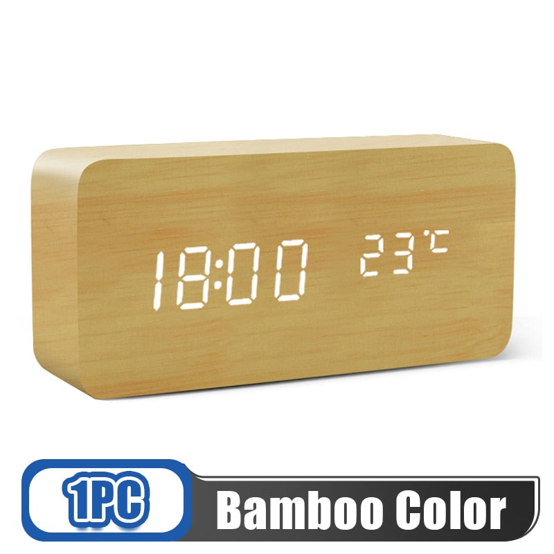 Alarm Clock LED Wooden Digital Table Clock Voice Control Wood Despertador USB/AAA Powered Electronic Desktop Clocks