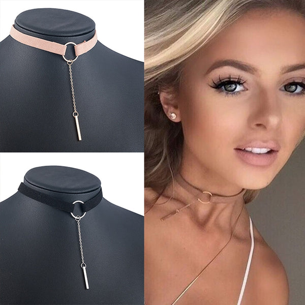 90&#39;S Punk New Fashion 4 Colors Leather Choker Necklace Gold Color Geometry With Round Pendant Collar Necklace For Women Girls