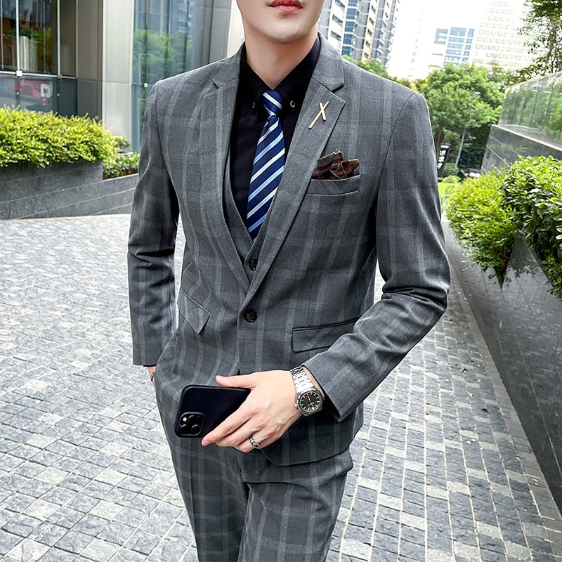 Suit Jacket Pants Vest 3 Pcs Set / Fashion New Men&