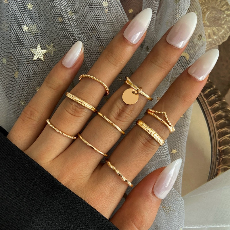 LATS Bohemian Gold Color Chain Rings Set for Women Fashion Boho Coin Snake Moon Star Rings Party 2022 Female Trend Jewelry Gifts