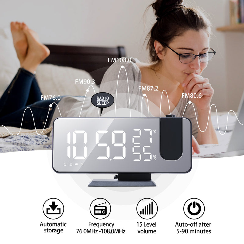 LED Digital Smart Alarm Clock Electronic Desktop Clocks USB Wake Up Clock with FM Radio 180° Time Projection Snooze