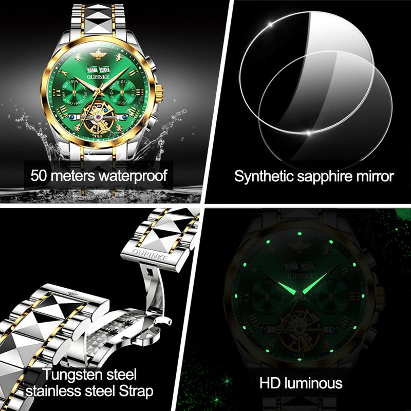 OUPINKE Watch for Men Automatic Mechanical Skeleton Diamond Sapphire Crystal Tourbillon Waterproof Original Wristwatch Gift