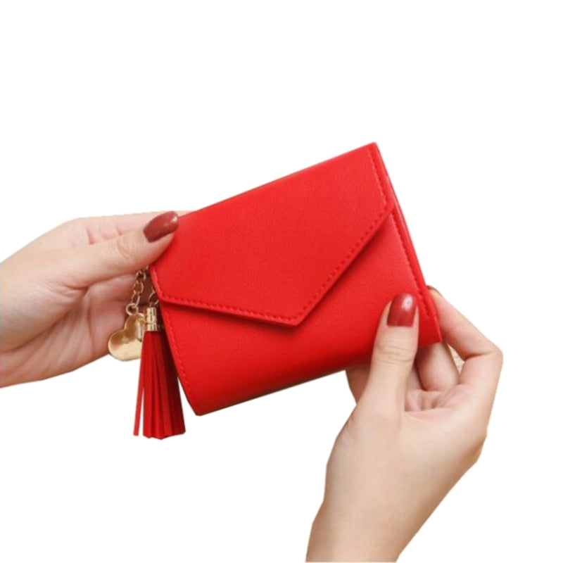 2022 Fashion Small Wallet Women Purse Simple Short Soft Pu Leather Ladies Wallet Card Holder Tassel Patchwork Tri-fold Wallet