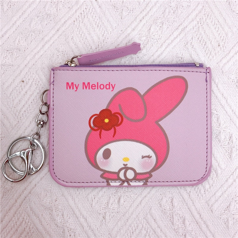 Kawaii  Sanrio Cartoon Bag Cinnamoroll Melody Pachacco Pom Pom Purin Kuromi Leather Card Holder Cute Coin Purse Keychain Pendant