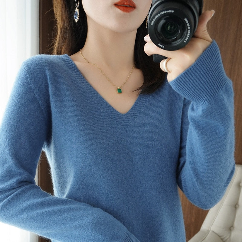 YSZWDBLX Sweaters Women Casual V-neck Solid Jumpers Pullovers Spring Autumn Womens Sweater Cashmere Knitwear Bottoming Shirt