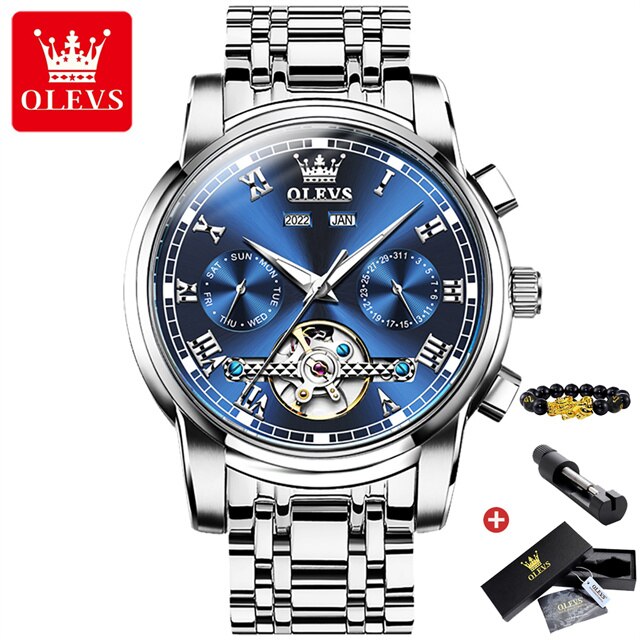 OLEVS Automatic Mechanical Watch for Men Date Calendar Skeleton Wristwatch Stainless Steel Classic Business Men&