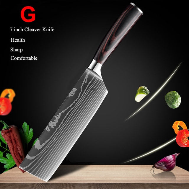 Japanese Kitchen Knife Set Laser Damascus Pattern Stainless Steel  Sharp Cleaver Slicing Utility Knives Kitchen Tools