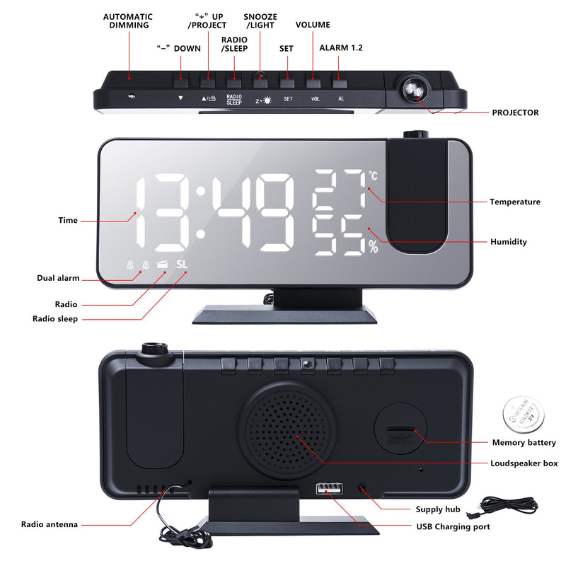 LED Digital Smart Alarm Clock Electronic Desktop Clocks USB Wake Up Clock with FM Radio 180° Time Projection Snooze