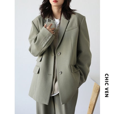 CHICVEN  Women Office Lady Blazer Cuff Embroidery Wide Shoulder Twill Suit Women&