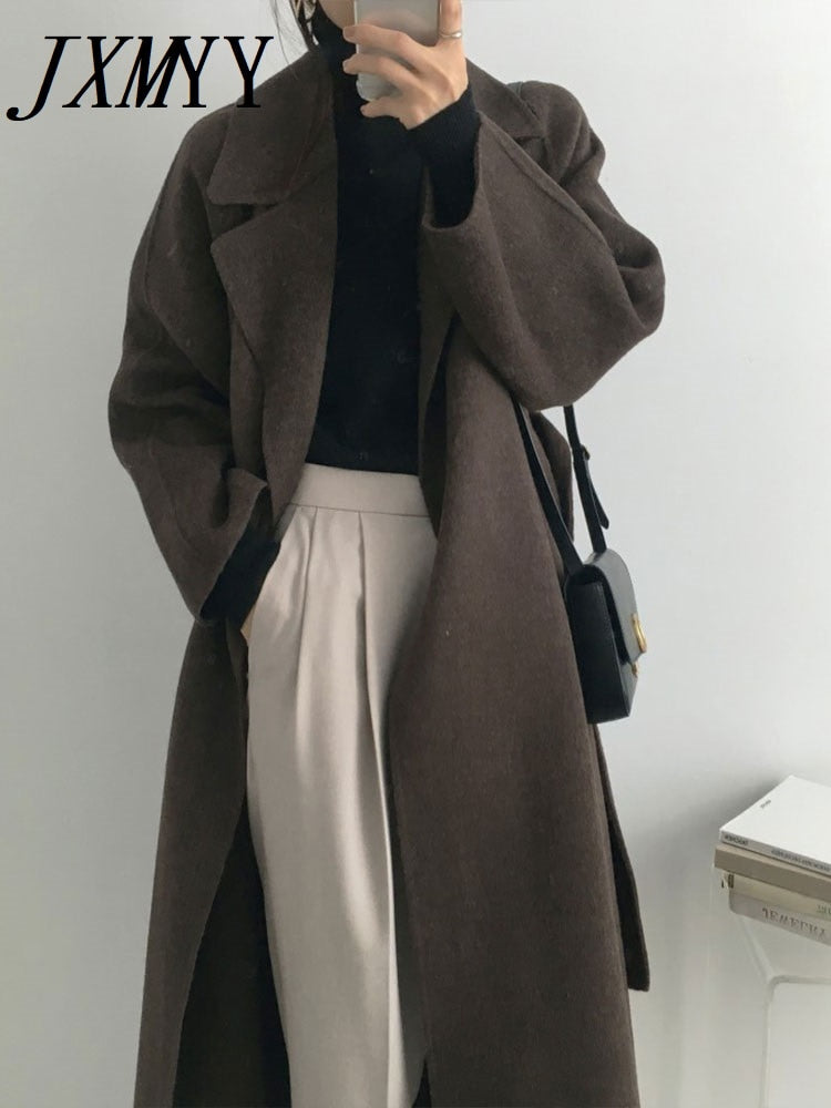 JXMYY French Lazy Style Warm Female Fresh Winter 2022 Classical Belt Retro Loose Women Woolen Coats Chic Casual Long Coat Long
