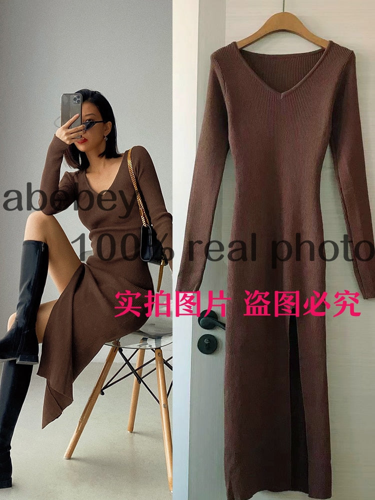 spring and winter sexy French slit sweater dress female slim tight-fitting hip-knit over-the-knee dresses