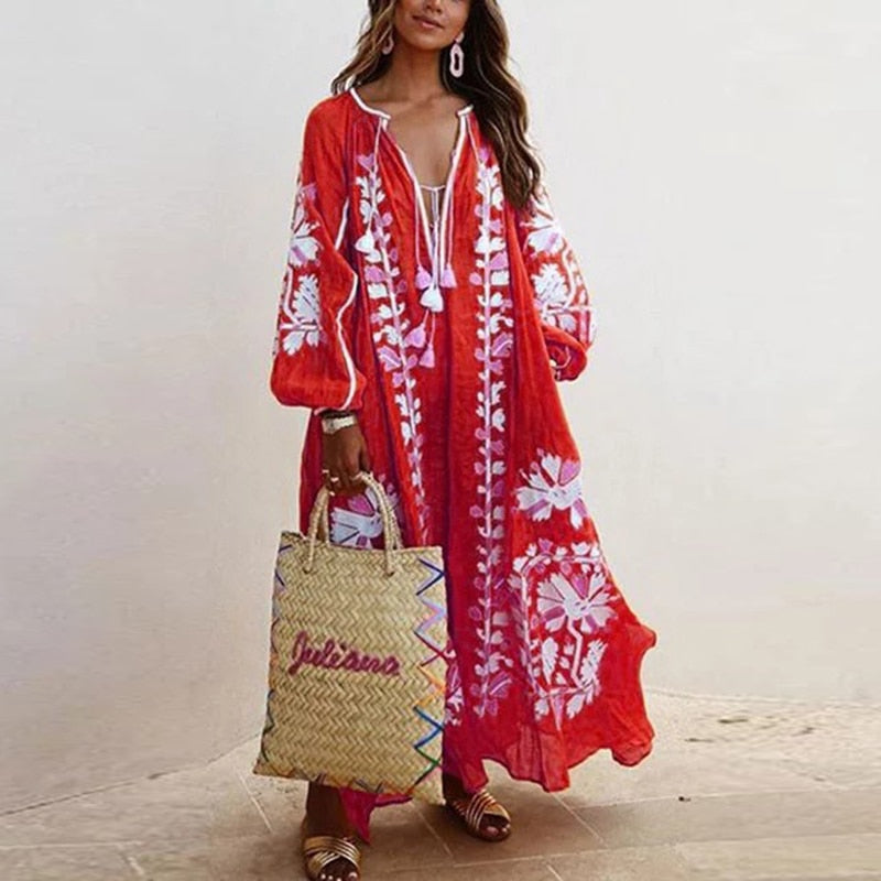 Vestido Spring Summer Women's Boho Dress Fashion Elegant Sexy V-Neck Retro Digital Printed Tassel Puff Sleeve Mid Length Dresses