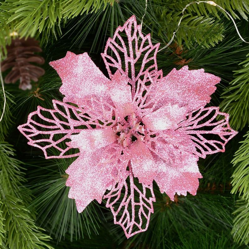 5pcs 9-16cm Glitter Artifical Christmas Flowers Christmas Tree Decorations for Home Fake Flowers Xmas Ornaments New Year Decor