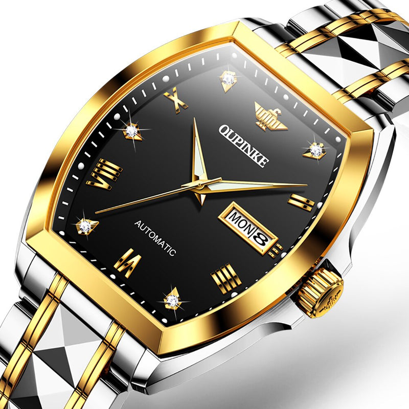 OUPINKE Men Gold Luxury Dress Watches Automatic Mechanical Tonneau Sapphire Crystal Tungsten Steel Date Waterproof Luminous Gift